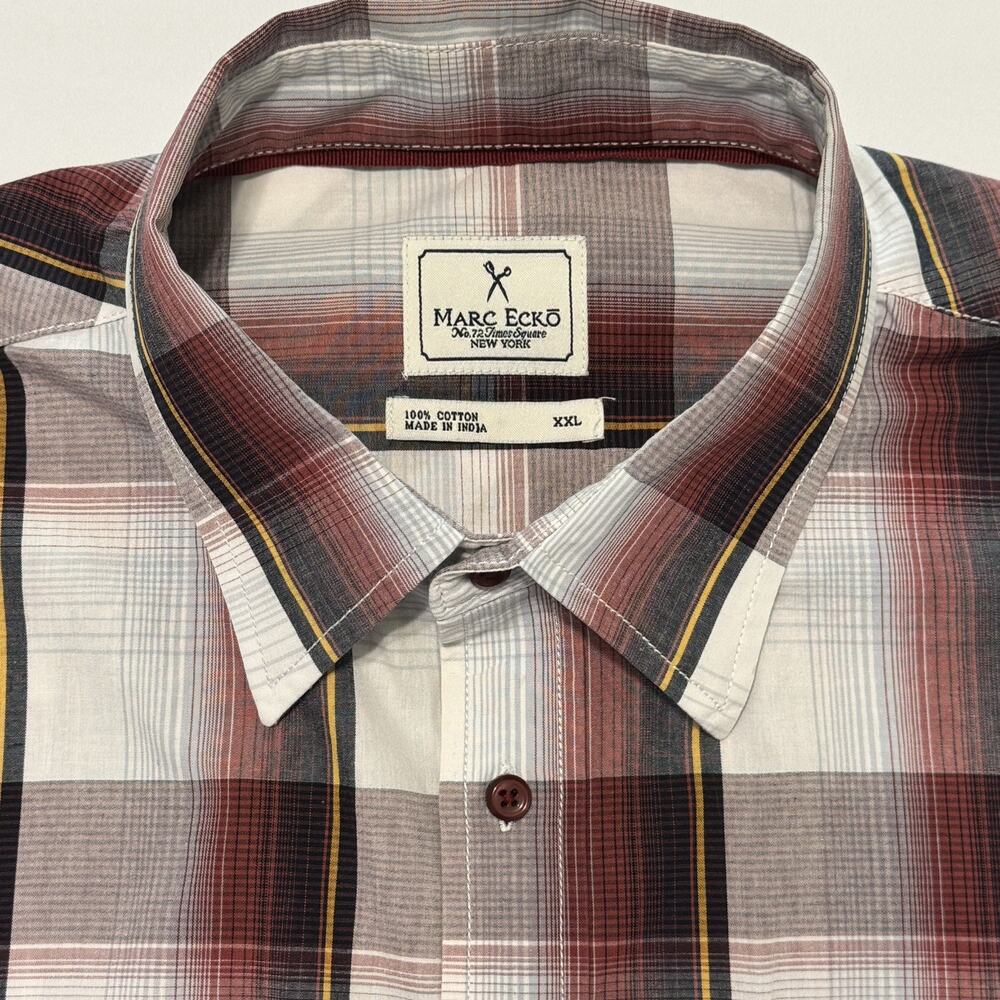 Marc Ecko Cut & Sew Shirt Mens XXL Red Gray Plaid Button Short Sleeve Casual